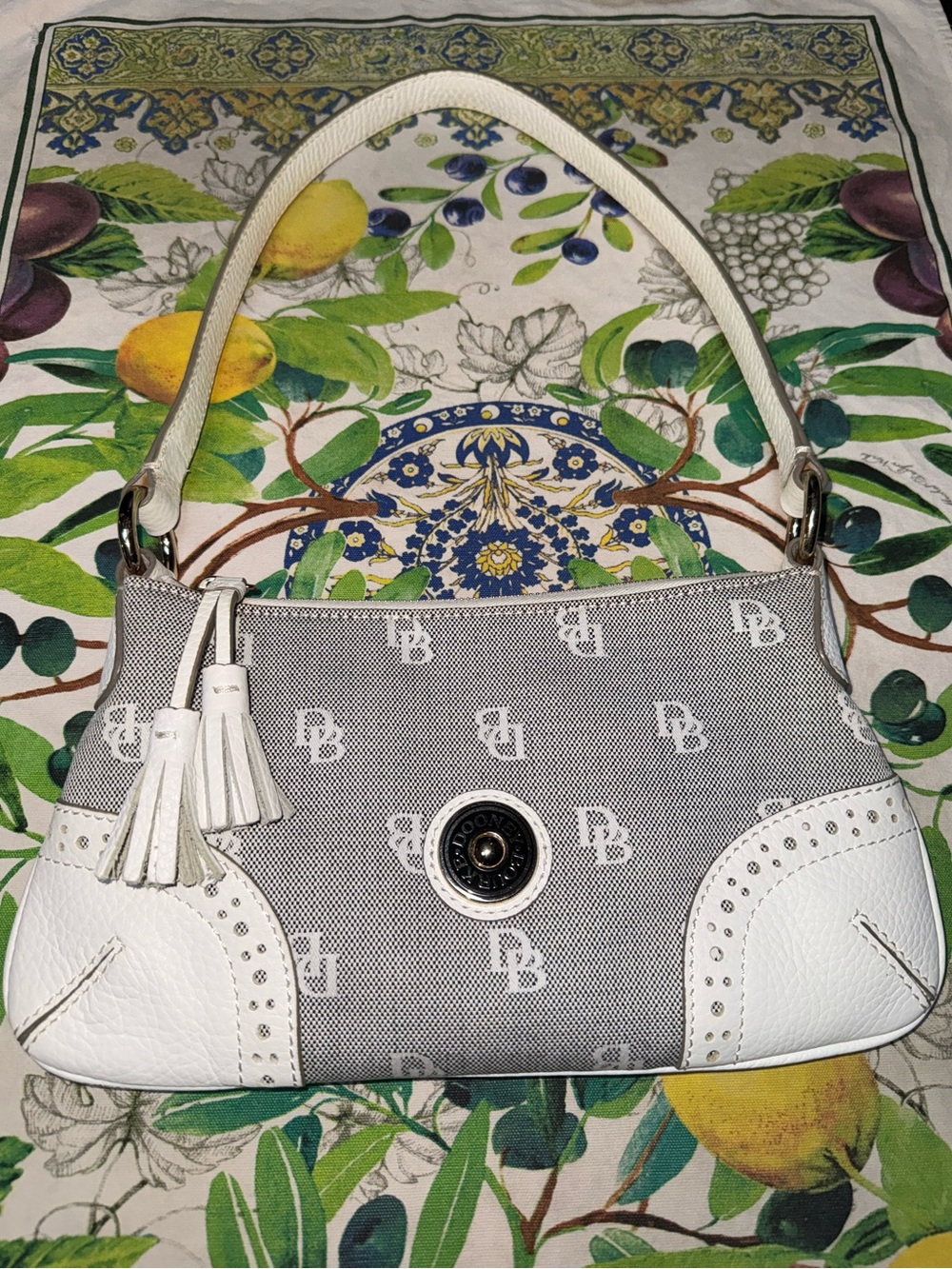 Dooney & Bourke Gray and White Logo Jacquard Tassel Shoulder Bag
